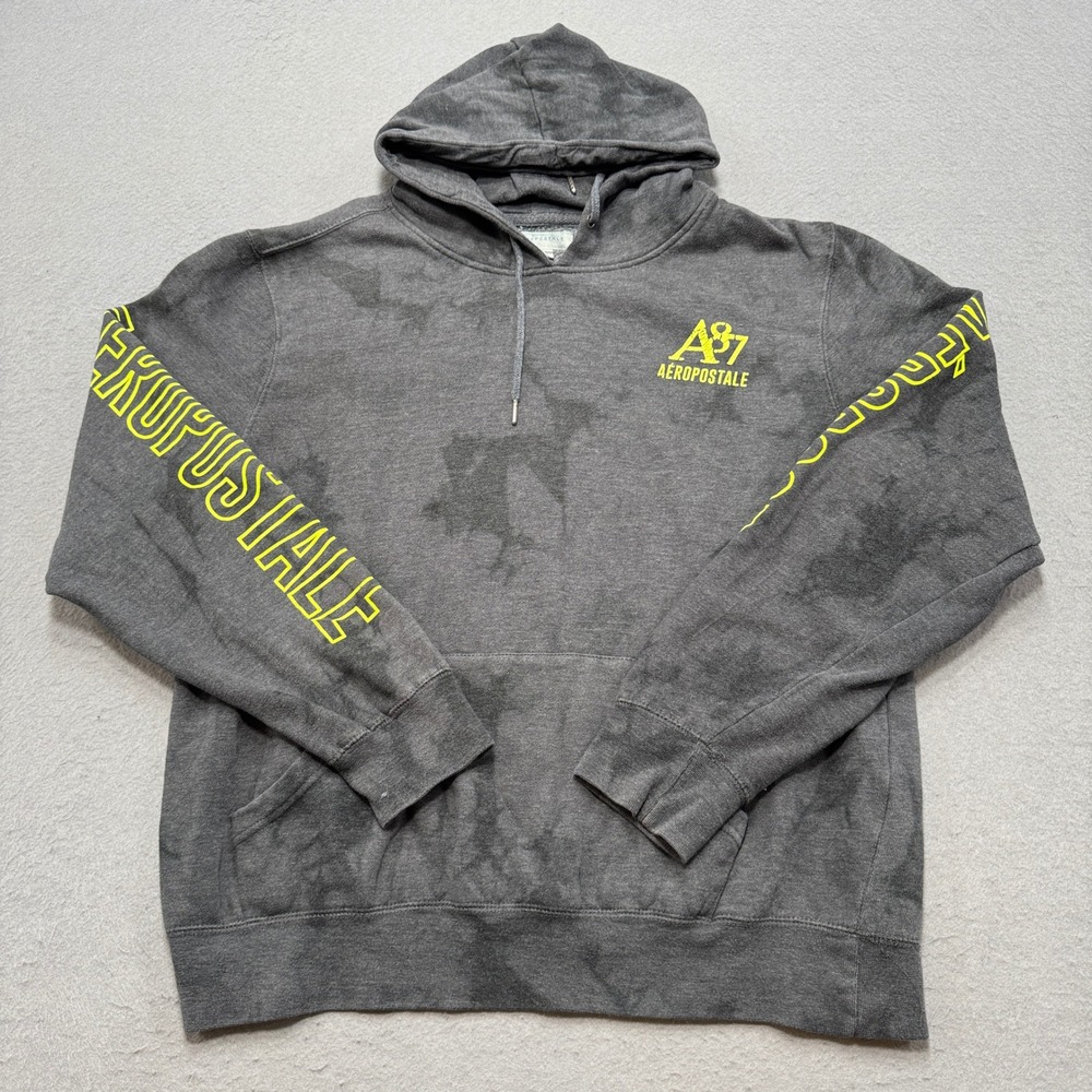 Aeropostale Hoodie Mens XL Gray Tie-Dye Fleece Lined Loose Fit Pullover A87 Logo